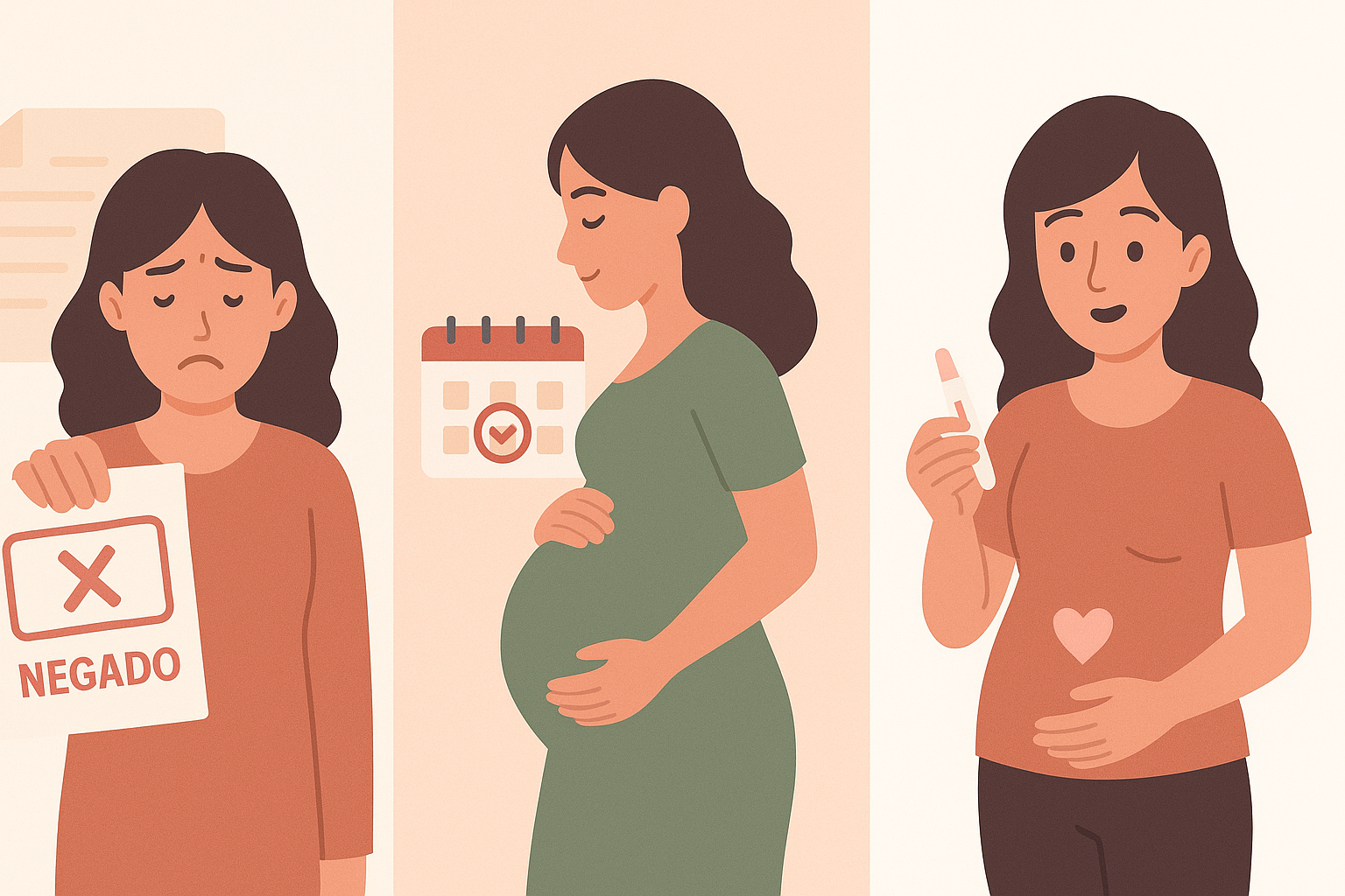 Ilustração com três situações do salário-maternidade